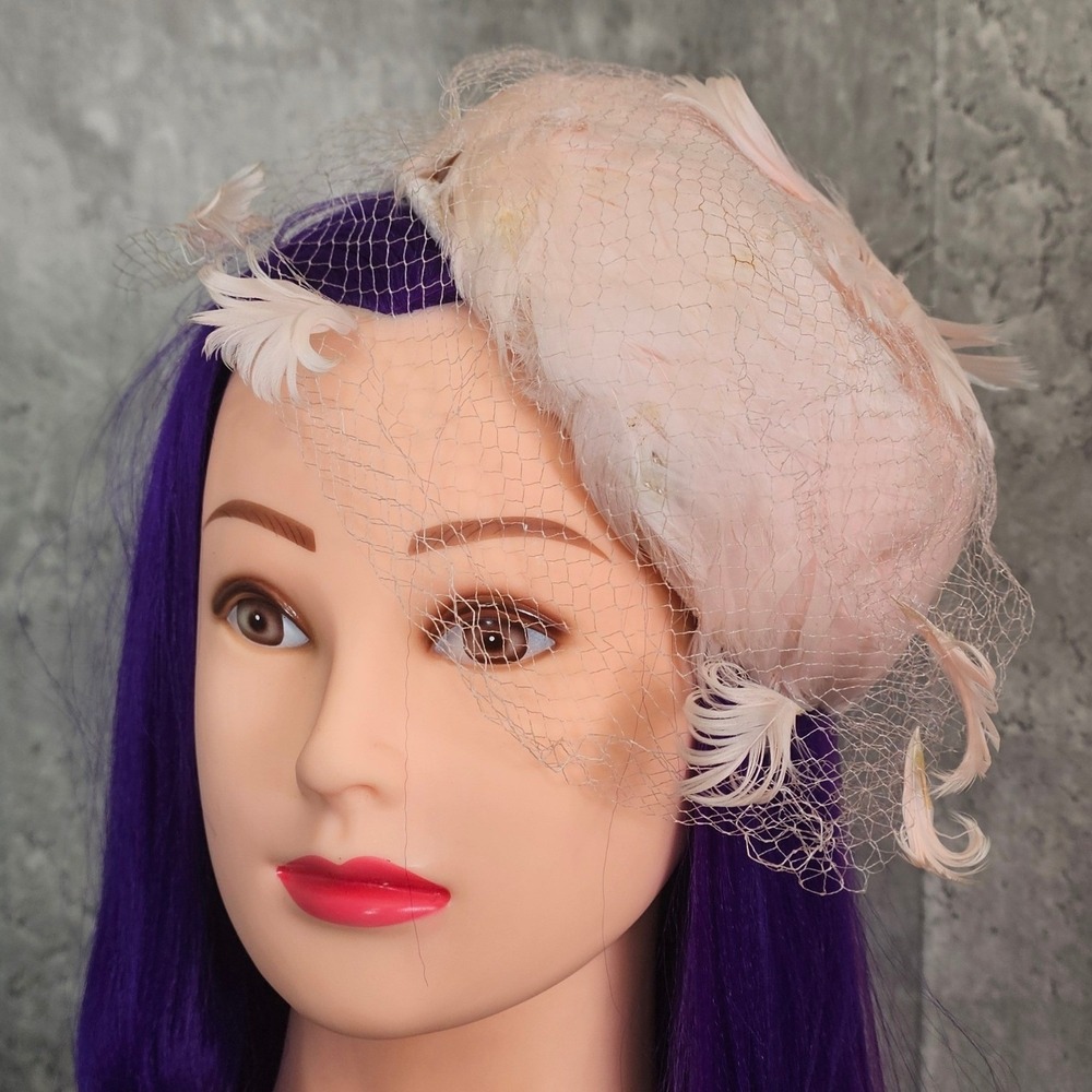 Vintage 50s Miss Sally Victor Pink Feather Fascinator Hat Birdcage Veil USA